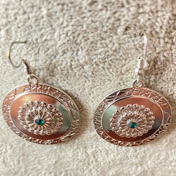 Silver Green Stone Fish Hook Earrings - Picture 6 of 6